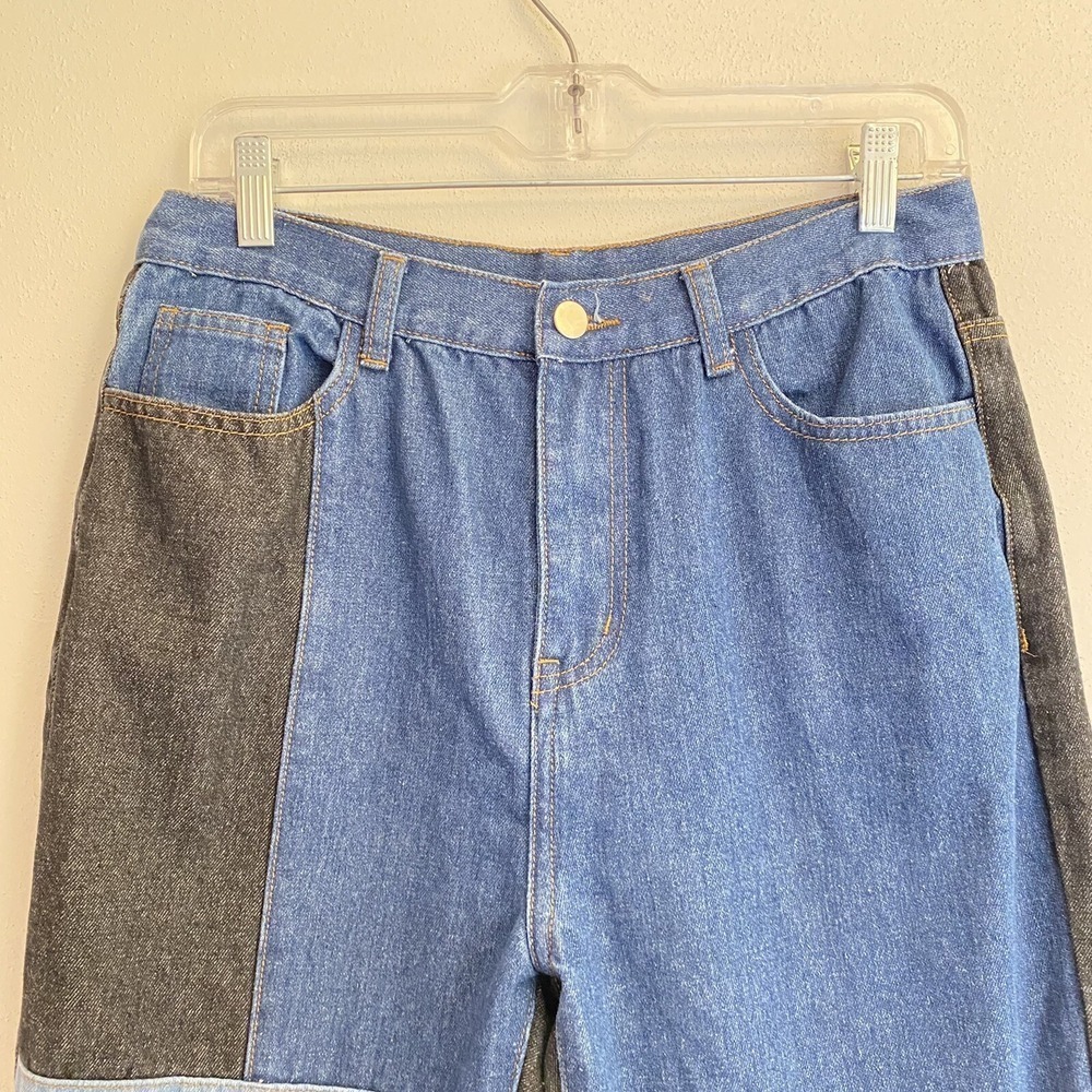 Shein Patch Style High Rise Denim Jeans Black/Blue Straight Leg Jeans Size L - Picture 3 of 9